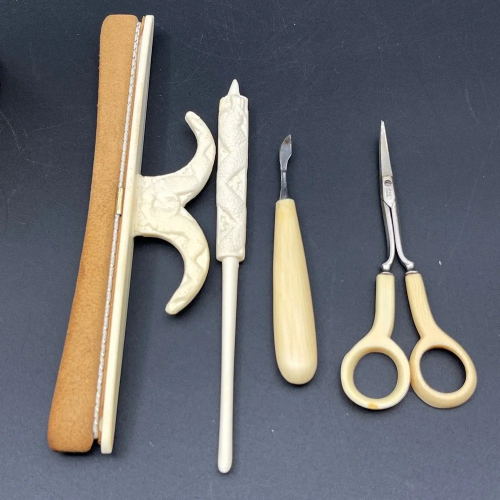 Vintage Faux Ivory Celluloid Manicure Set Dragon Floral Carved Germany Scissors